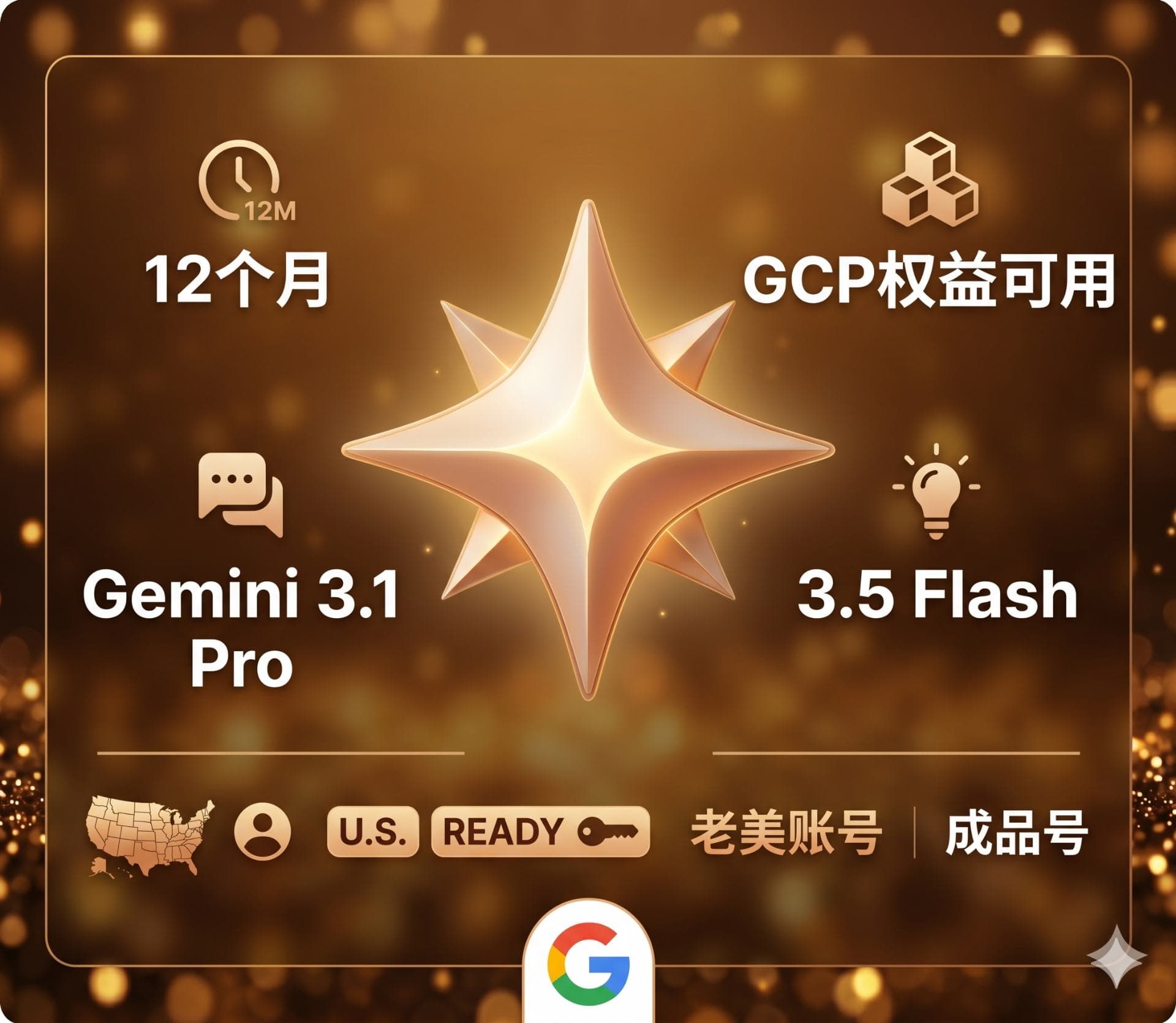 Gemini 3.1 Pro 一年会员 成品谷歌号 | 美区20-24年 | GCP可用